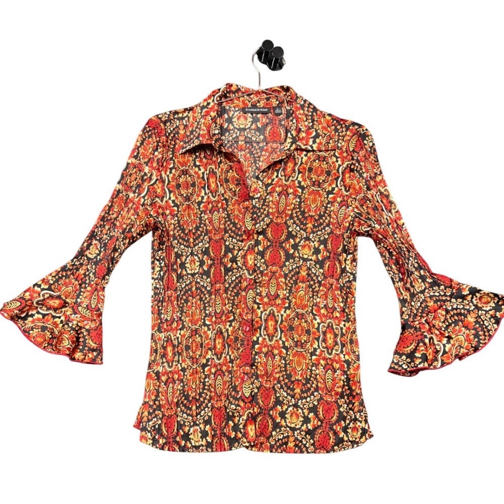 Essentials By Milano Blouse Women M Paisley Plisse Bell Sleeve Button Up